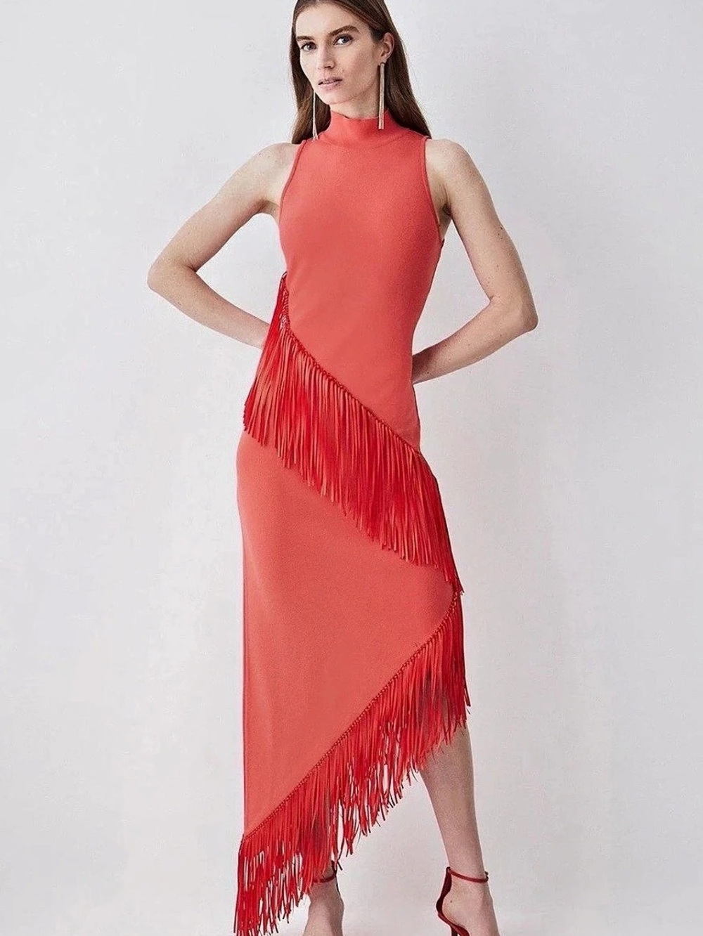 Karen Millen Figure Form Bandage Fringe Knit Halter Neck Midi Dress